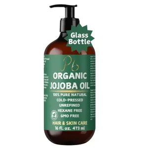 Organic Jojoba Oil– 100% Pure, Cold-Pressed, Unrefined & Hexane-Free – Golden Jojoba Oil for Face, Body, Hair & Nails – Supports Hair Growth, Anti-Aging & Wrinkle Reduction – 16 fl oz Glass Bottle