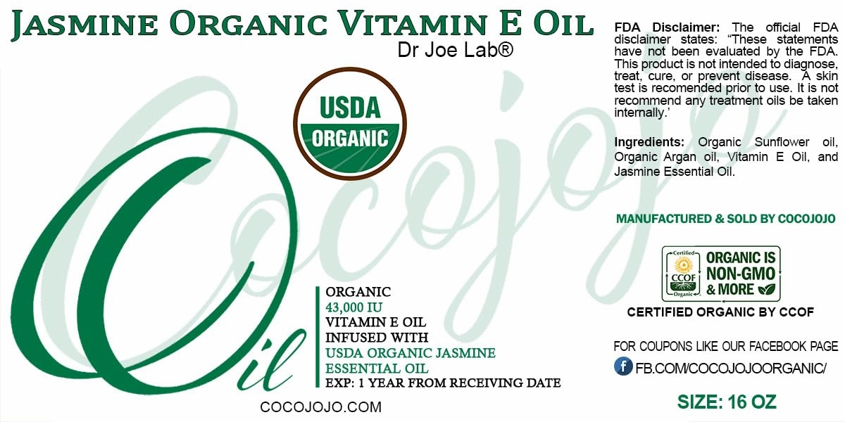 Organic Vitamin E Oil and Jasmine Essential Oil Infused Blend - Organic Natural 43,000 IU Vegan Gentle Multi-Use Skin Hair Face Body Cuticle Moisture Daily Use - Packaging May Vary (16 oz.)
