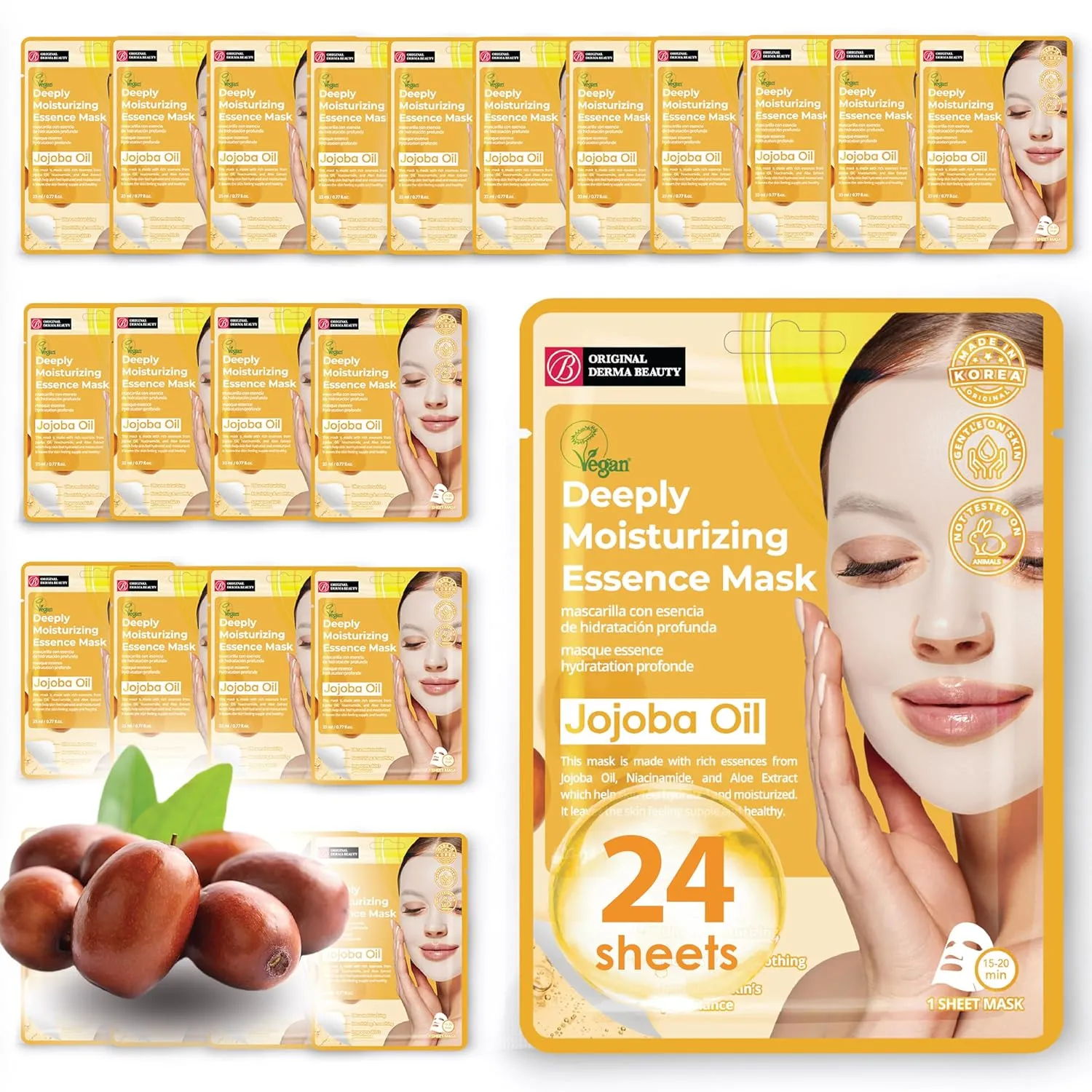 Original Derma Beauty Collagen Face Masks 24 PK Deep Moisturizing Jojoba Oil Face Mask Skin Care Sheet Masks Set for Beauty & Personal Care Korean Face Mask