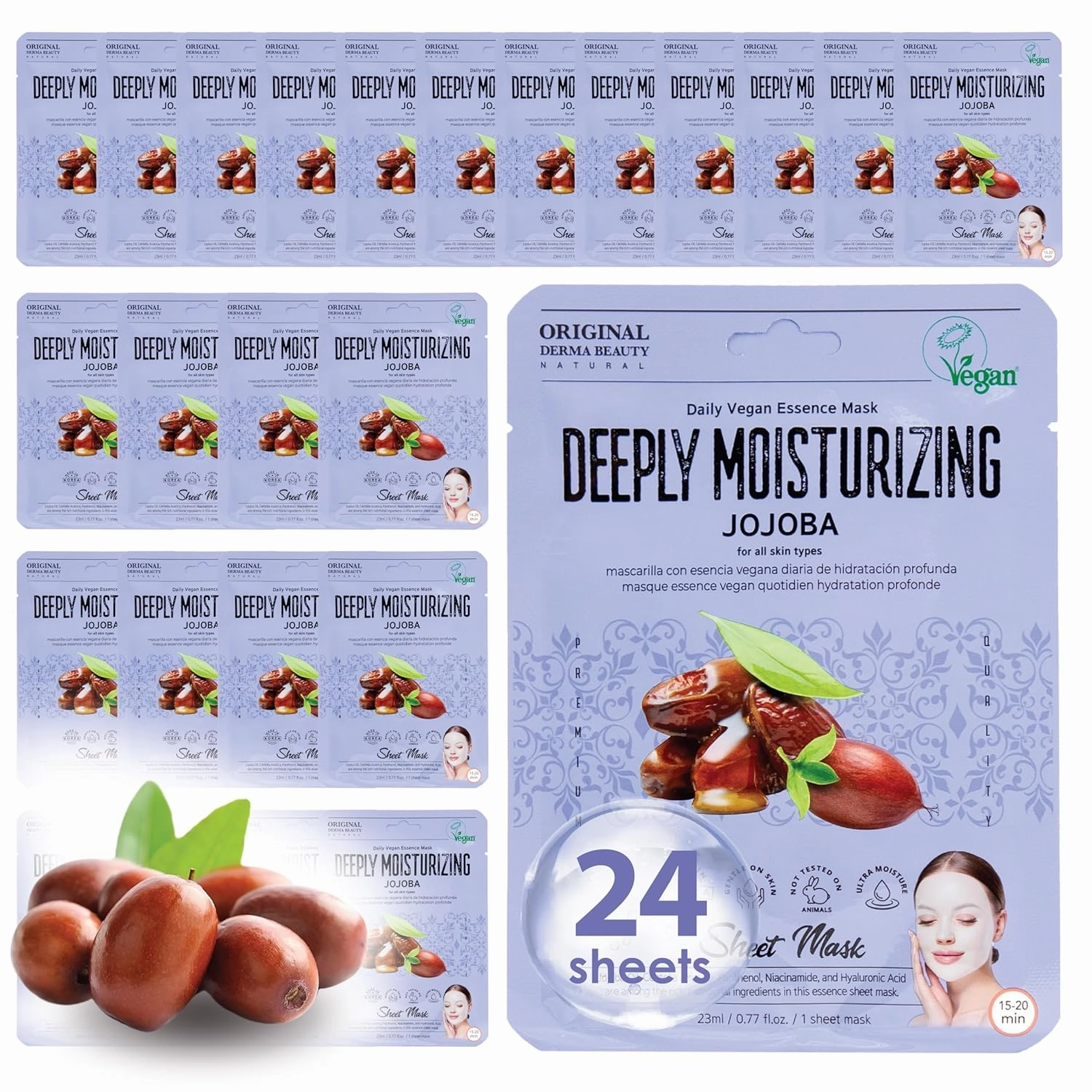 Original Derma Beauty Collagen Face Masks 24 PK Vegan Deep Moisturizing Jojoba Face Mask Skin Care Sheet Masks Set for Beauty & Personal Care Korean Face Mask