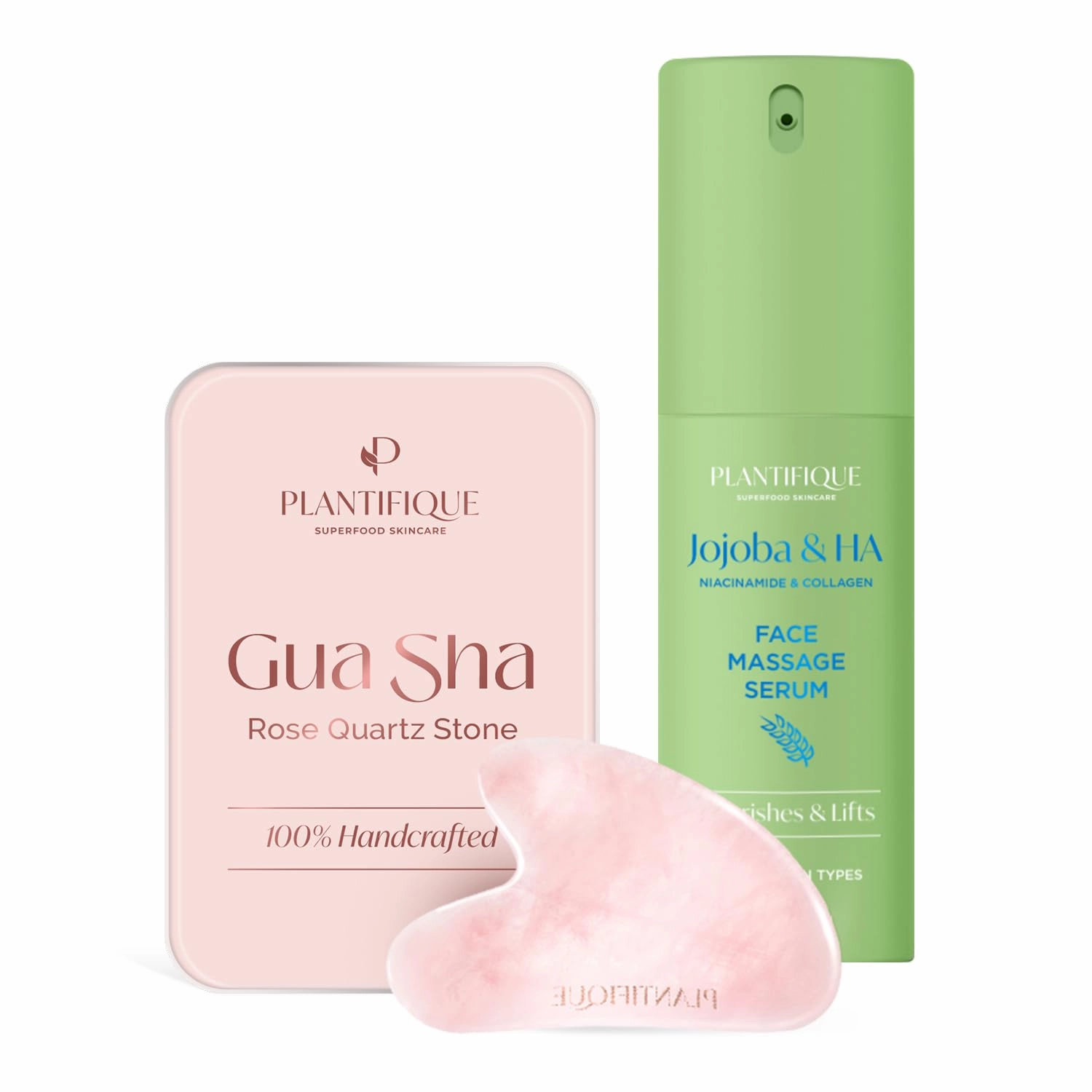 PLANTIFIQUE Jojoba Oil & Hyaluronic Acid Face Serum for Gua Sha Massage with Vitamin C, E Niacinamide for Glowing Skin and Gua Sha Rose Quartz Tool for Face Anti Aging Massage