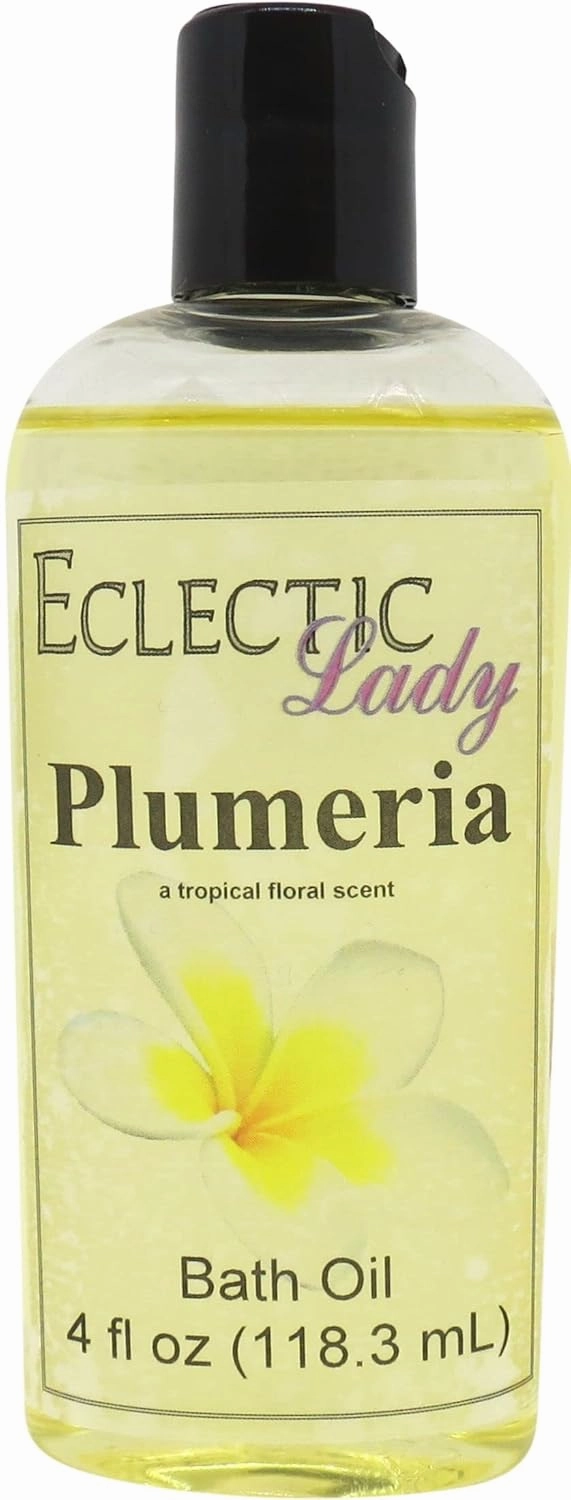 Plumeria Bath Oil by Eclectic Lady - Scented Bath Oil - Relaxing & Moisturizing Bathing Oil - Fragrance Body Oil For Dry & Rough Sensitive Skin - Body Daily Nourishing Shower Oil (4 oz)
