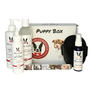Puppy Gift Box - Includes Hydrating Butter, 2-in-1 Shampoo, Cologne, Grooming Bath Brush, Ear Cleaner and Nail File | Complete Puppy Care Set for New Pet Owners
