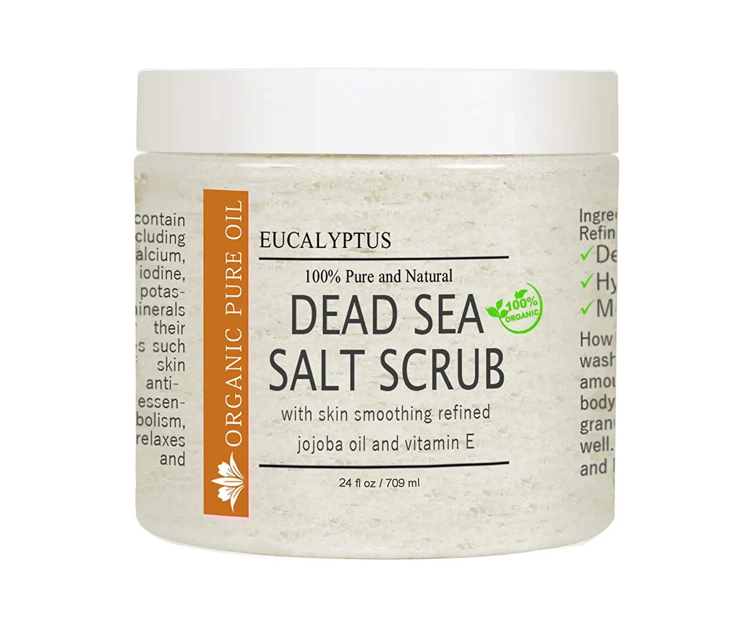 Pure and Natural Dead Sea Salt Scrub | Hydrating and Moisturizing | Gently Exfoliates Face Body Feet & Hands with Soothing Jojoba Oil and Vitamin E by Organic Pure Oil (Eucalyptus, 24 oz)