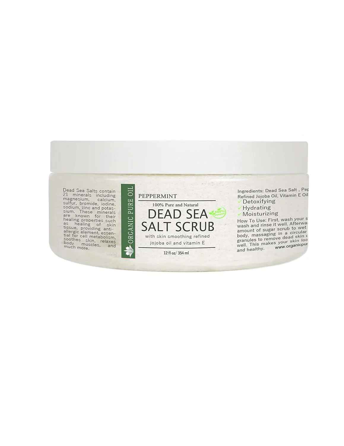 Pure and Natural Dead Sea Salt Scrub | Hydrating and Moisturizing | Gently Exfoliates Face Body Feet & Hands with Soothing Jojoba Oil and Vitamin E by Organic Pure Oil (Peppermint, 12 oz)