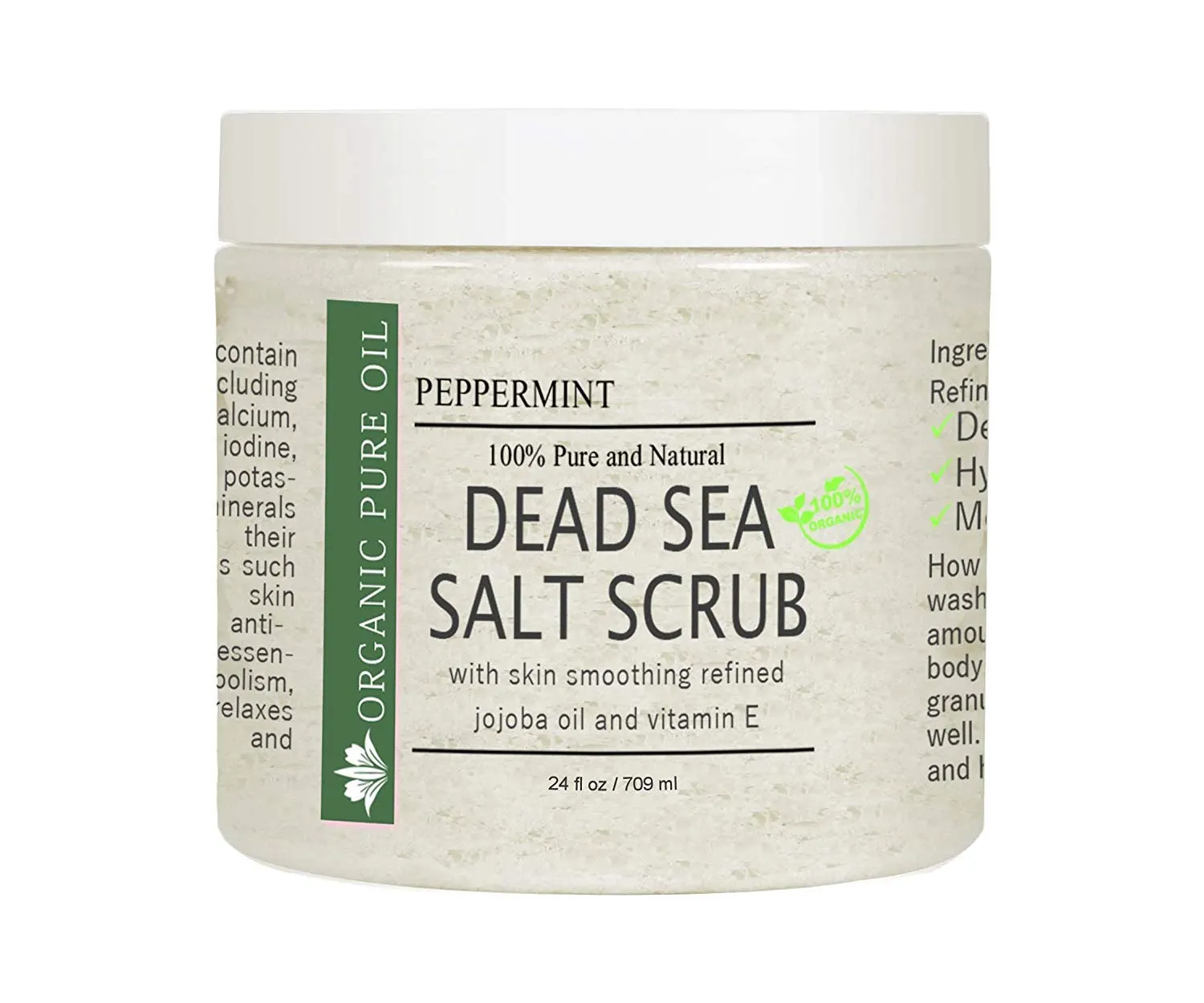 Pure and Natural Dead Sea Salt Scrub | Hydrating and Moisturizing | Gently Exfoliates Face Body Feet & Hands with Soothing Jojoba Oil and Vitamin E by Organic Pure Oil (Peppermint, 24 oz)