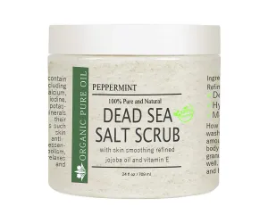 Pure and Natural Dead Sea Salt Scrub | Hydrating and Moisturizing | Gently Exfoliates Face Body Feet & Hands with Soothing Jojoba Oil and Vitamin E by Organic Pure Oil (Peppermint, 24 oz)