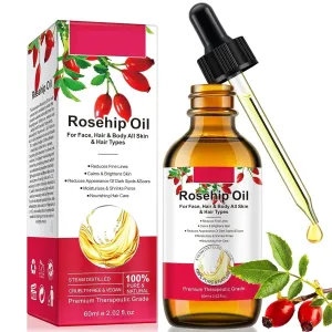 Pure and Natural Rosehip Oil for Face, Hair, and Body – Steam Distilled, Cold-Pressed, Moisturizing Oil, 2.02 fl oz