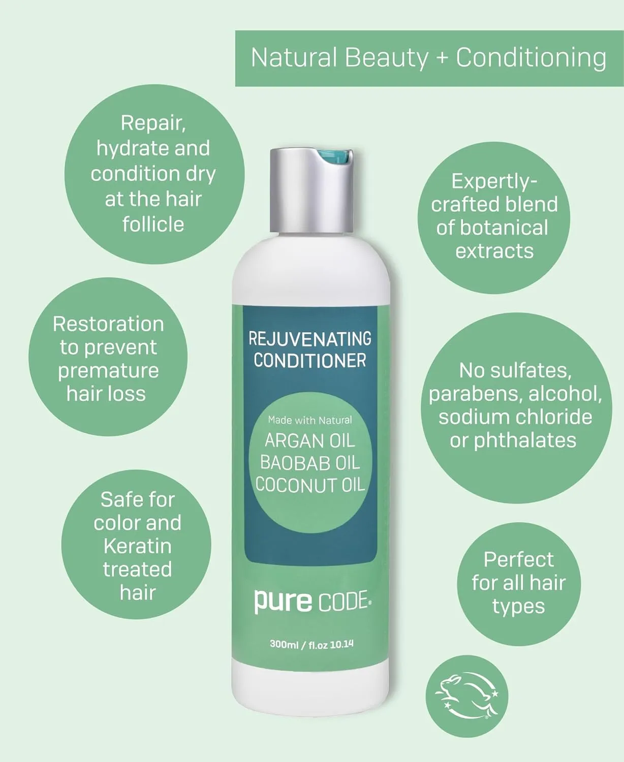 PURE CODE Rejuvenating Conditioner - Hair Repair Treatment with Natural Argan Oil for Deep Hair Moisture Treatment and Hair Regrowth Support - Argan Oil Conditioner