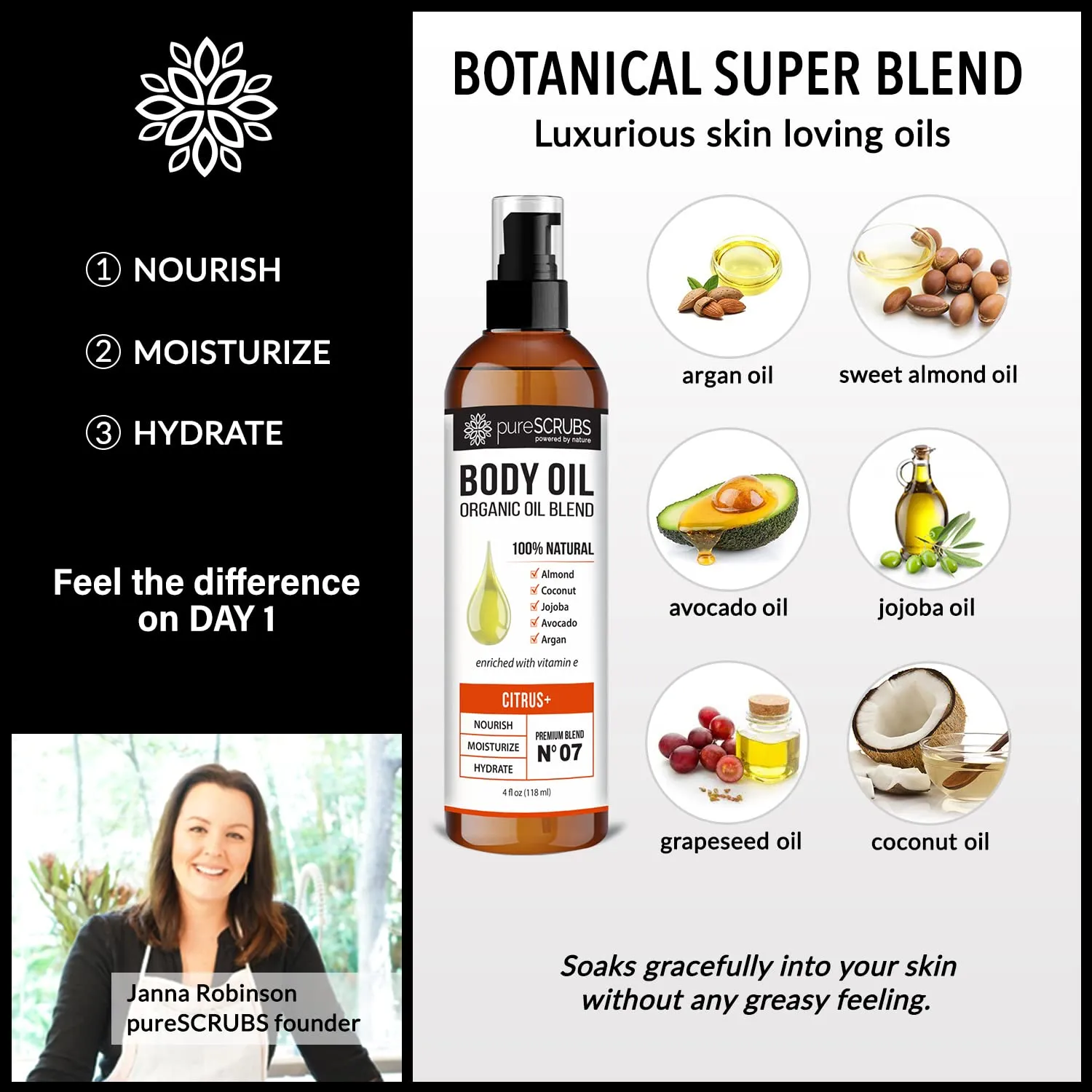 pureSCRUBS Ultra Moisturizing Citrus  Body Oil Spray for Dry Skin, Massage, Cuticles & More Organic Super Blend of Jojoba, Argan, Coconut, Sweet Almond & Avocado Oils Enriched with Vitamin E, Lg 4oz