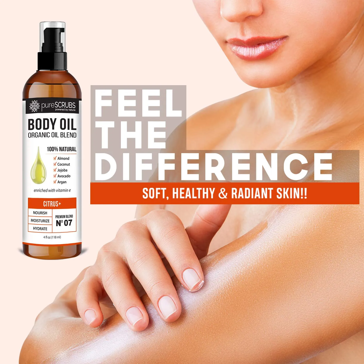 pureSCRUBS Ultra Moisturizing Citrus  Body Oil Spray for Dry Skin, Massage, Cuticles & More Organic Super Blend of Jojoba, Argan, Coconut, Sweet Almond & Avocado Oils Enriched with Vitamin E, Lg 4oz