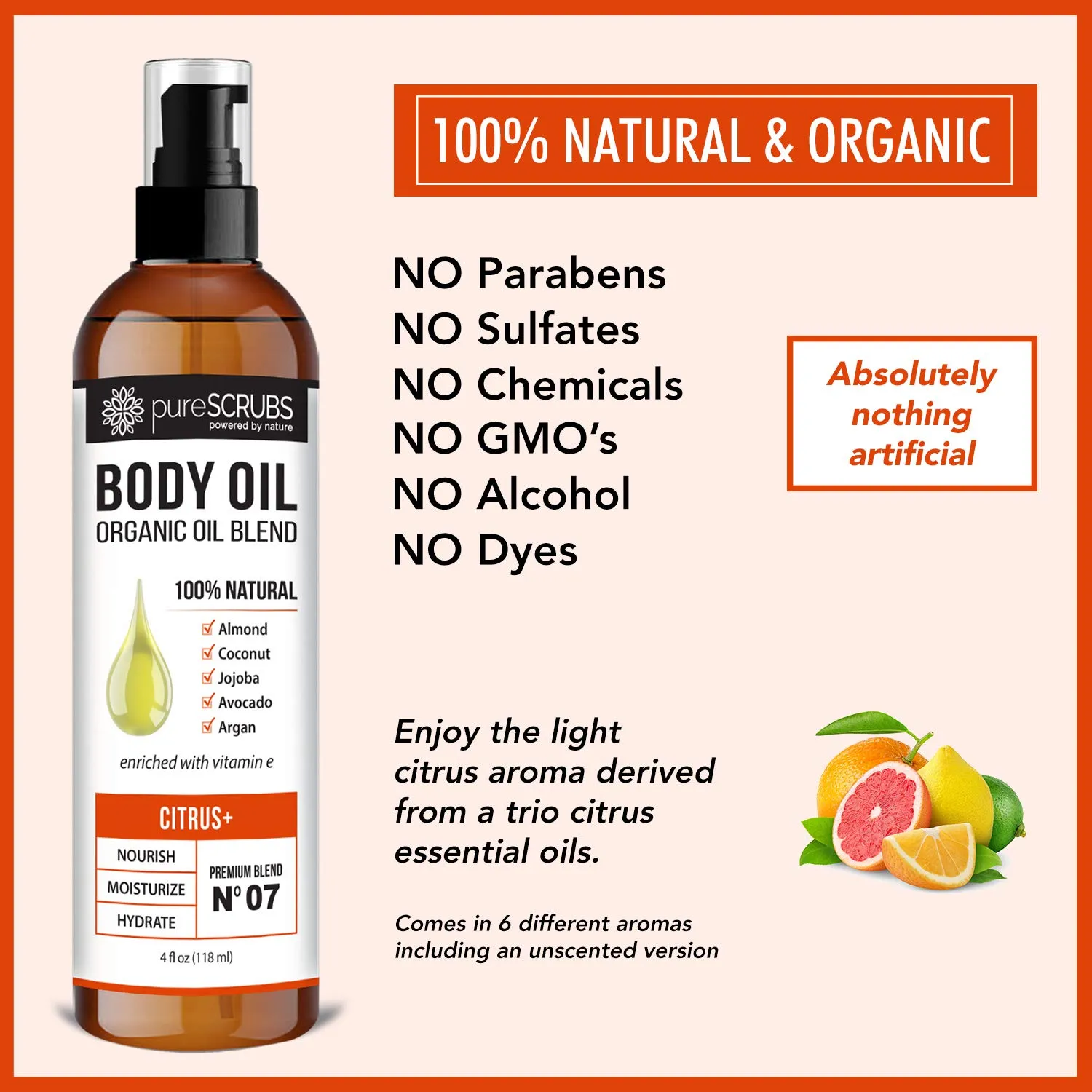 pureSCRUBS Ultra Moisturizing Citrus  Body Oil Spray for Dry Skin, Massage, Cuticles & More Organic Super Blend of Jojoba, Argan, Coconut, Sweet Almond & Avocado Oils Enriched with Vitamin E, Lg 4oz