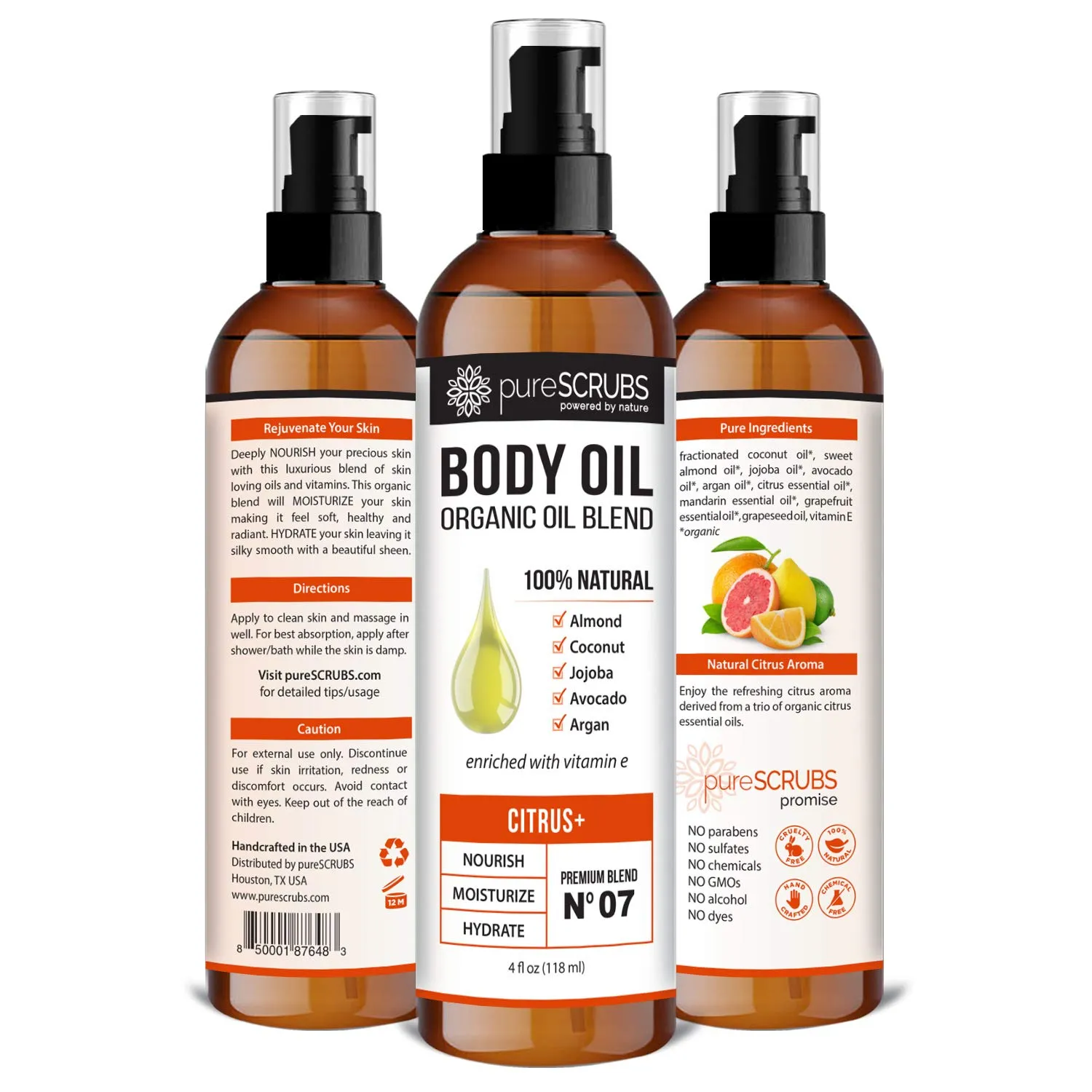 pureSCRUBS Ultra Moisturizing Citrus  Body Oil Spray for Dry Skin, Massage, Cuticles & More Organic Super Blend of Jojoba, Argan, Coconut, Sweet Almond & Avocado Oils Enriched with Vitamin E, Lg 4oz
