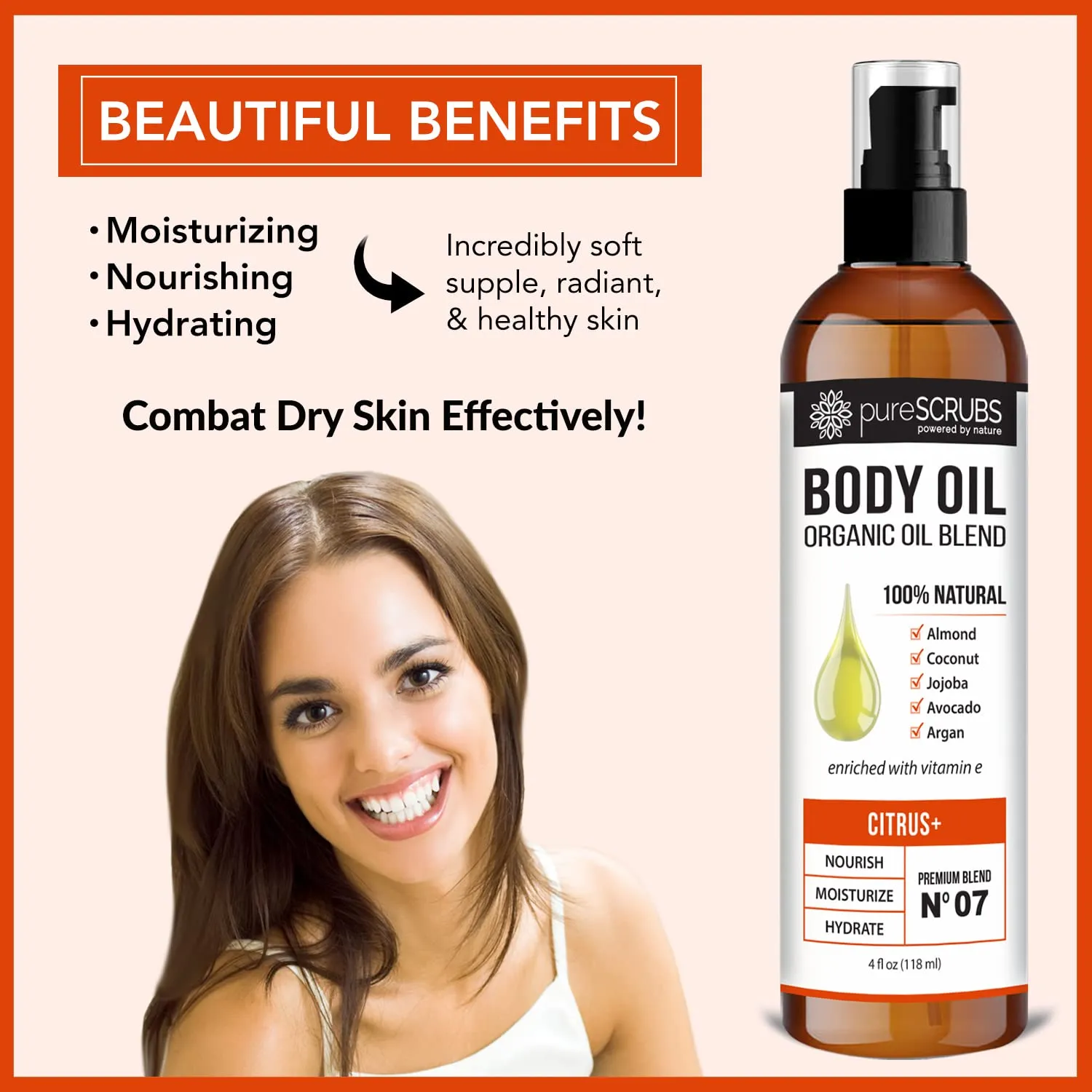 pureSCRUBS Ultra Moisturizing Citrus  Body Oil Spray for Dry Skin, Massage, Cuticles & More Organic Super Blend of Jojoba, Argan, Coconut, Sweet Almond & Avocado Oils Enriched with Vitamin E, Lg 4oz