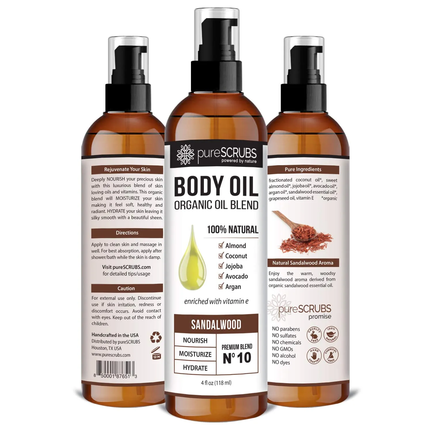 pureSCRUBS Ultra Moisturizing Sandalwood Body Oil Spray For Dry Skin, Massage, Cuticles & More, Organic Blend of Jojoba, Argan, Coconut, Sweet Almond & Avocado Oils Enriched with Vitamin E, Lg 4oz