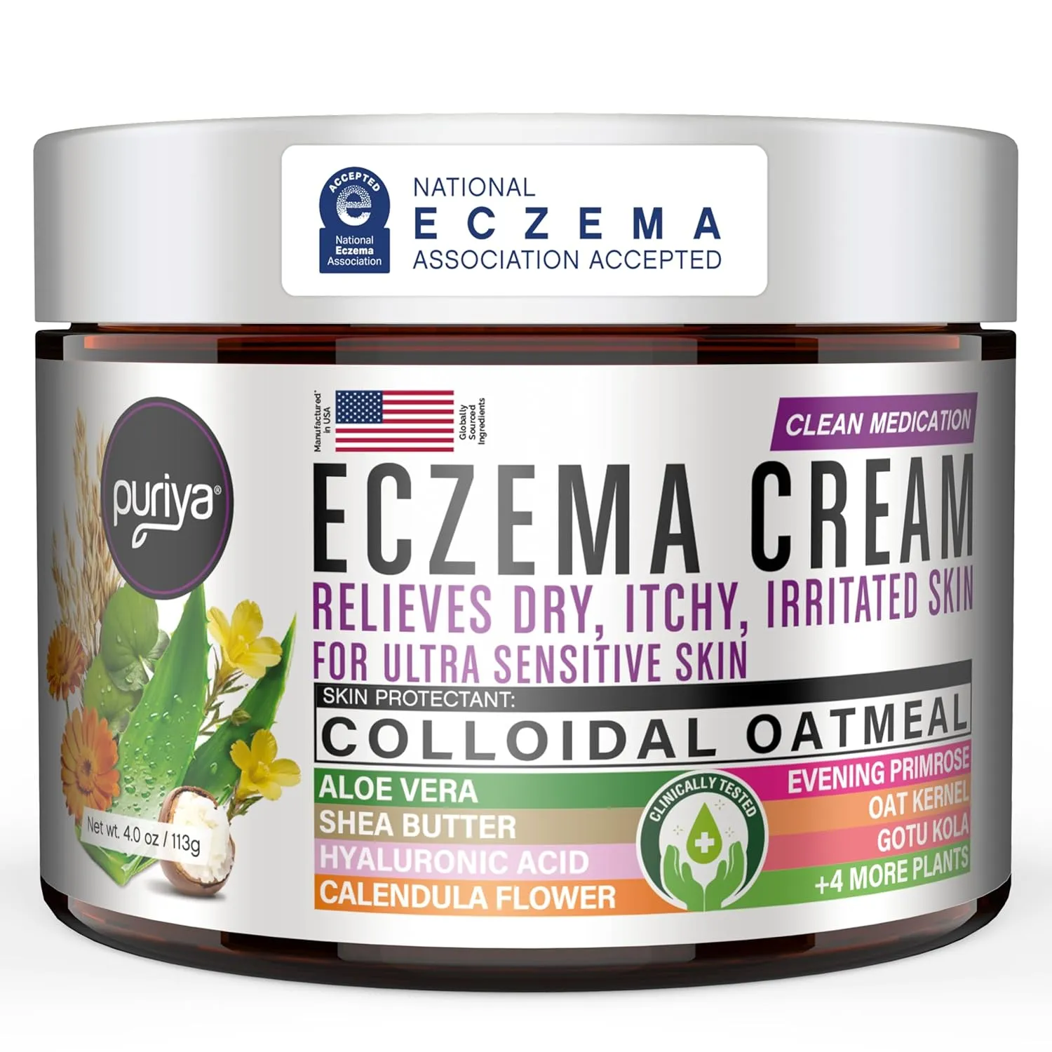Puriya 5-in-1 Eczema Cream for Kids, Baby, Toddler, Adults, Advanced Colloidal Oatmeal Lotion for Dry, Itchy Skin Relief on Face and Body, Clinically Tested, Intensive Moisturizing Eczema Treatment