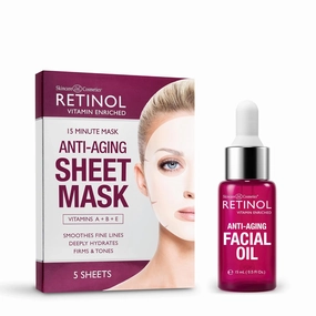 Retinol Anti-Aging Sheet Mask – Hydrating Vitamin-Enriched 15 Minute Treatment With Collagen Anti-Aging Facial Oil – With Nine Essential Oils, Restores Hydration and Nourishment