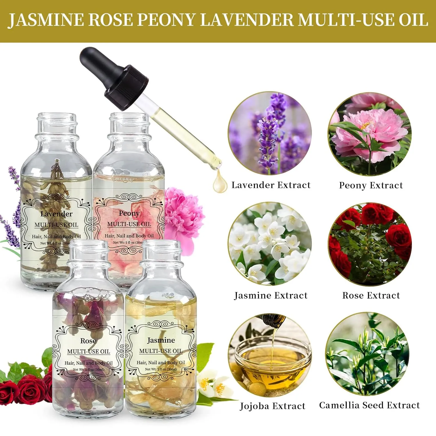 Rose Jasmine Peony Lavender Multi Use Body Oil - Organic Rose Essential Oils for Face, Body, Nails & Massage - 4-Pack 30ml