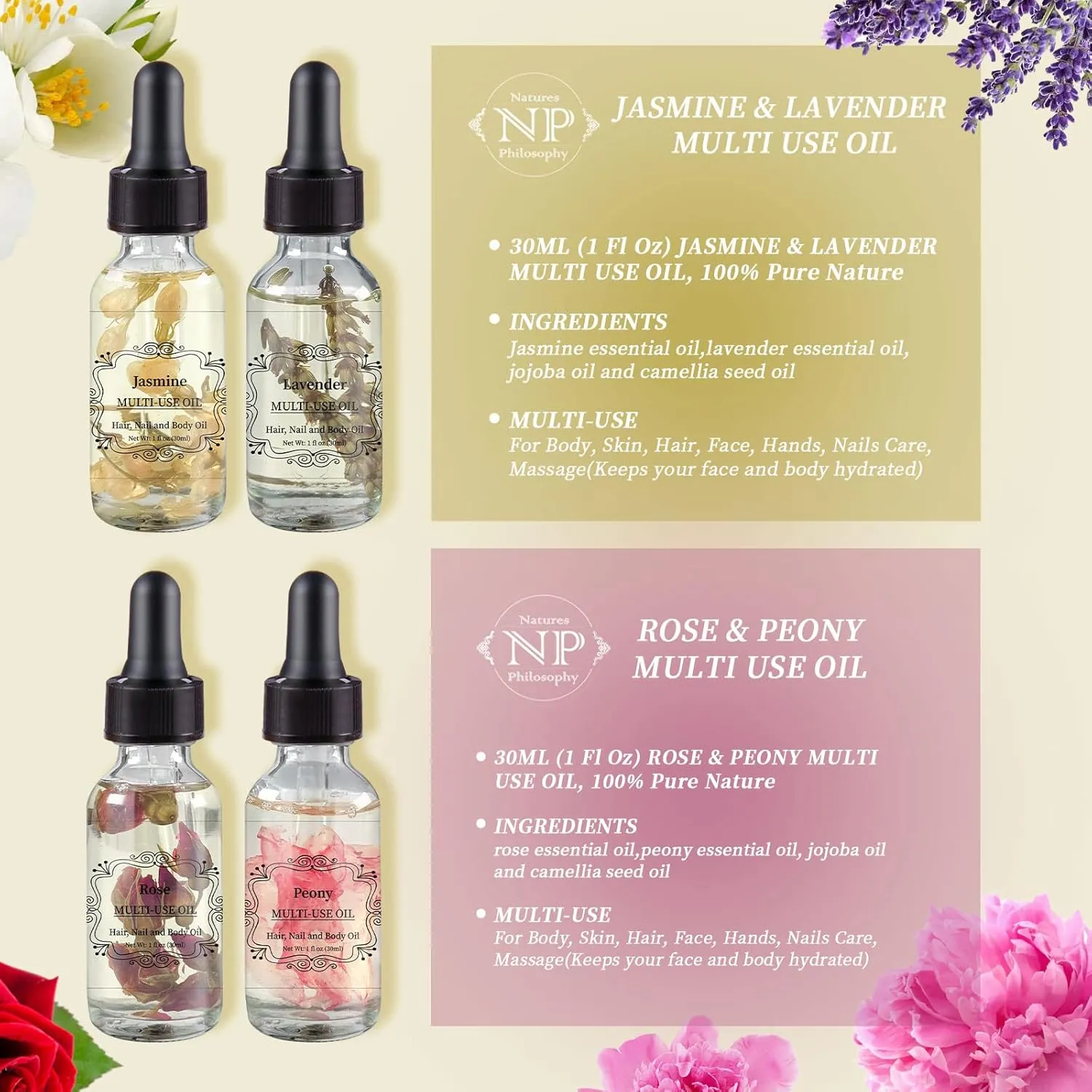 Rose Jasmine Peony Lavender Multi Use Body Oil - Organic Rose Essential Oils for Face, Body, Nails & Massage - 4-Pack 30ml