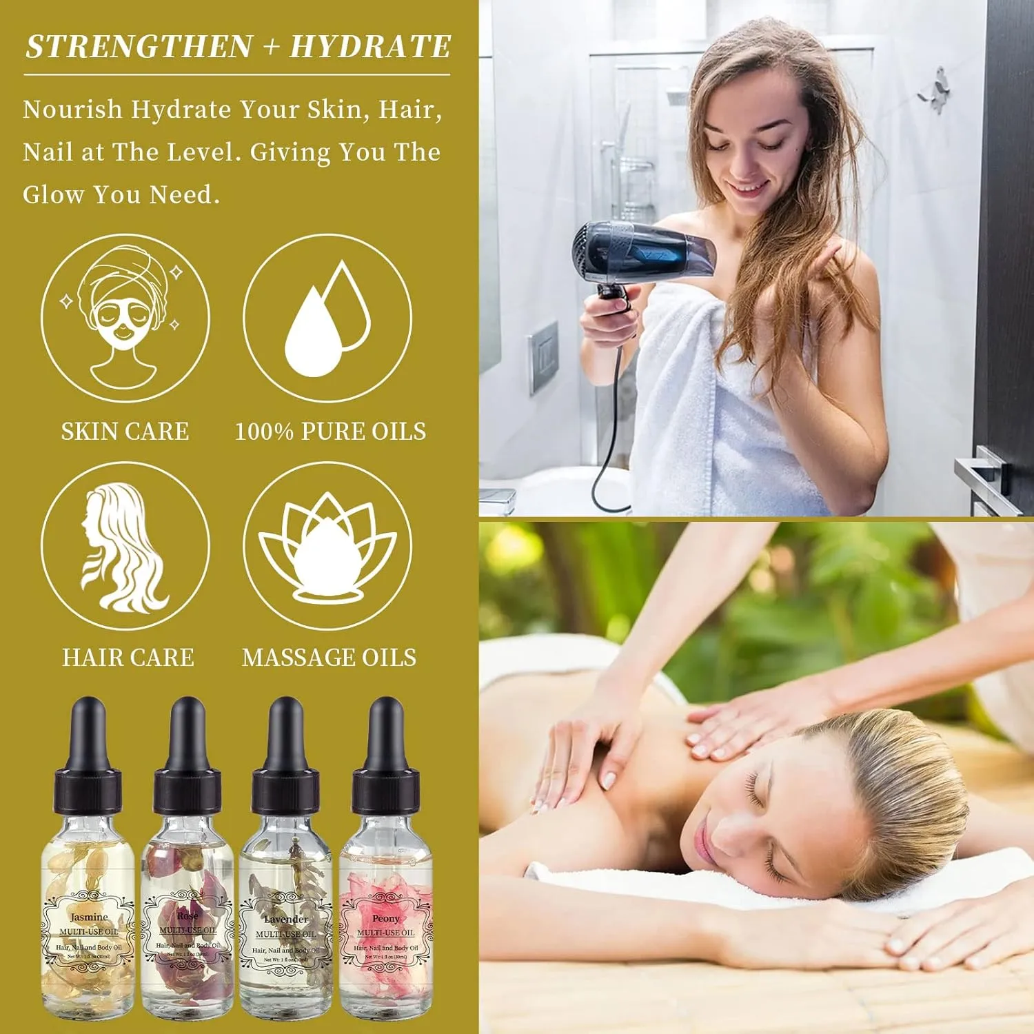 Rose Jasmine Peony Lavender Multi Use Body Oil - Organic Rose Essential Oils for Face, Body, Nails & Massage - 4-Pack 30ml