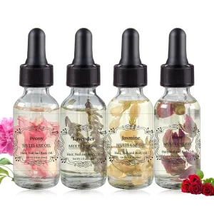 Rose Jasmine Peony Lavender Multi Use Body Oil - Organic Rose Essential Oils for Face, Body, Nails & Massage - 4-Pack 30ml