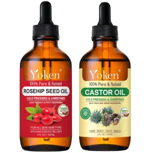Rosehip Seed Oil 4oz & Castor Oil 4oz Set: in Glass Dropper Bottle, 100% Pure & Natural, EWG Verified Organic, Cold Pressed, Hexane Free - Best Facial Oils Hair Oil Nail Oil, Deeply Moisturizing