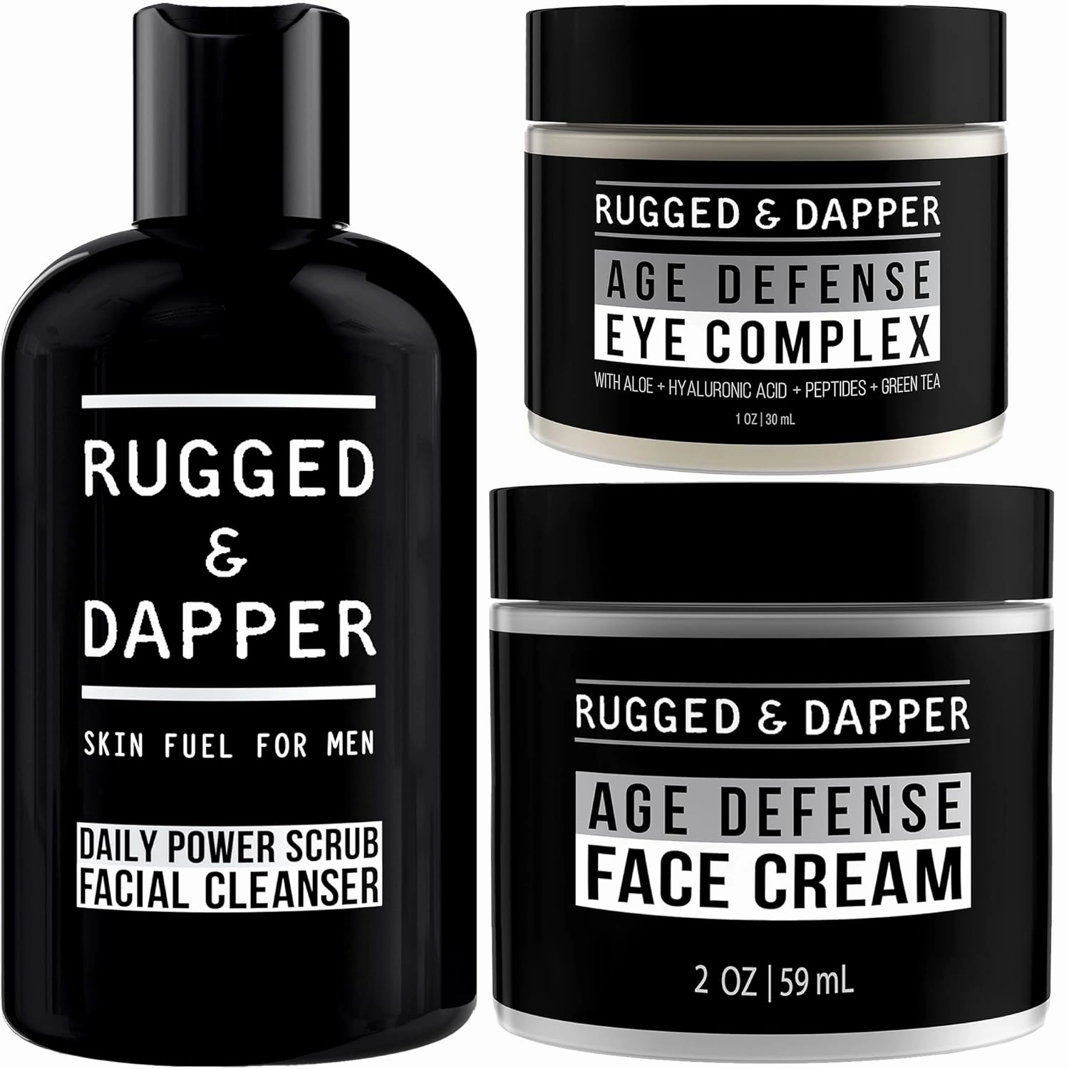 RUGGED & DAPPER Age Defense Face Cream, Daily Power Scrub Facial Cleanser, Age Defense Eye Complex