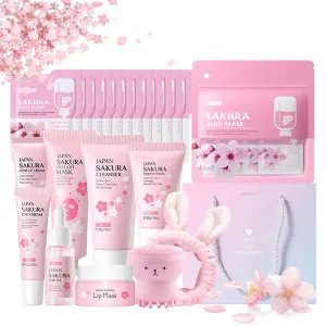 Sakura Skin Care Sets & Kits, Japanese Cherry Blossom Gifts for Teenage Girls, Pamper Sets for Women Gifts, Facial kit Daily Care All In One Set, Travel Kit for Women Teen Girls Mom Birthday, 32PCS