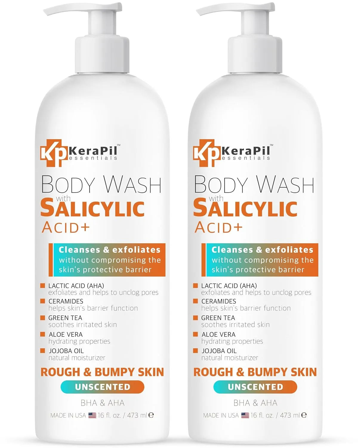 Salicylic Acid Body Wash - Skin Non-drying, Gentle Exfoliates Rough and Bumpy Skin, Body Acne Wash, BHA & AHA - Unscented Exfoliating Body Wash, Made in USA - (16 fl oz x 2)