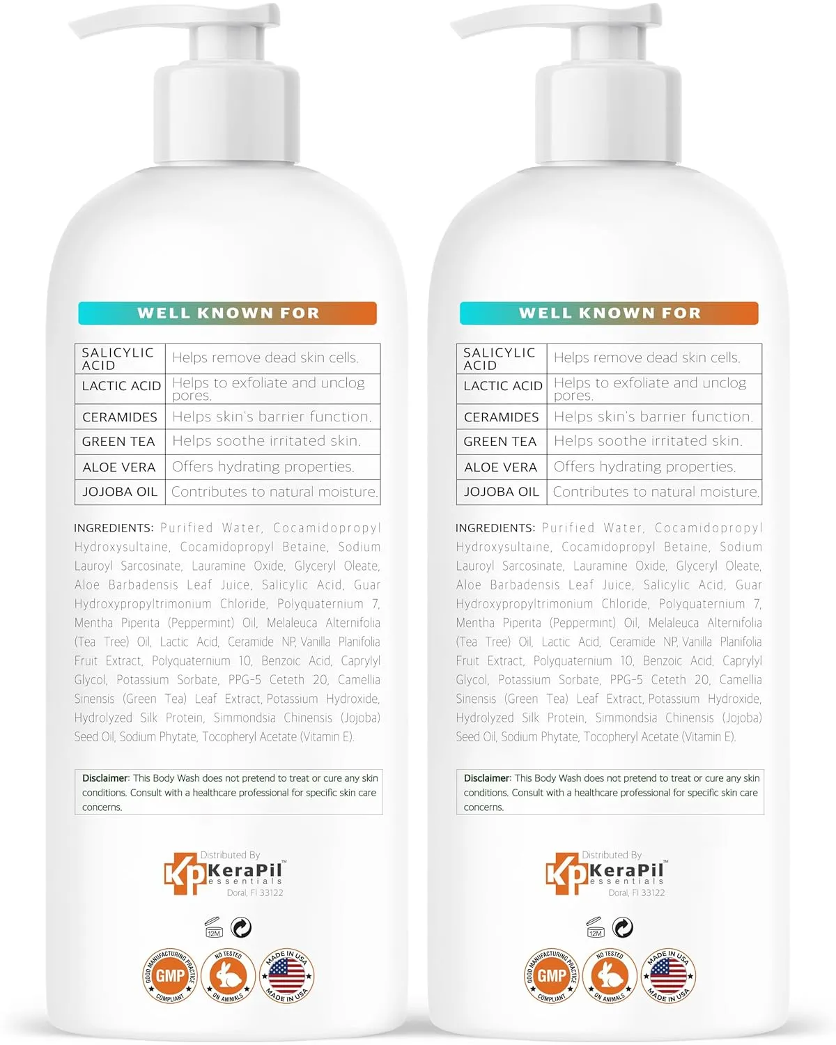 Salicylic Acid Body Wash - Skin Non-drying, Gentle Exfoliates Rough and Bumpy Skin, Body Acne Wash, BHA & AHA - Unscented Exfoliating Body Wash, Made in USA - (16 fl oz x 2)