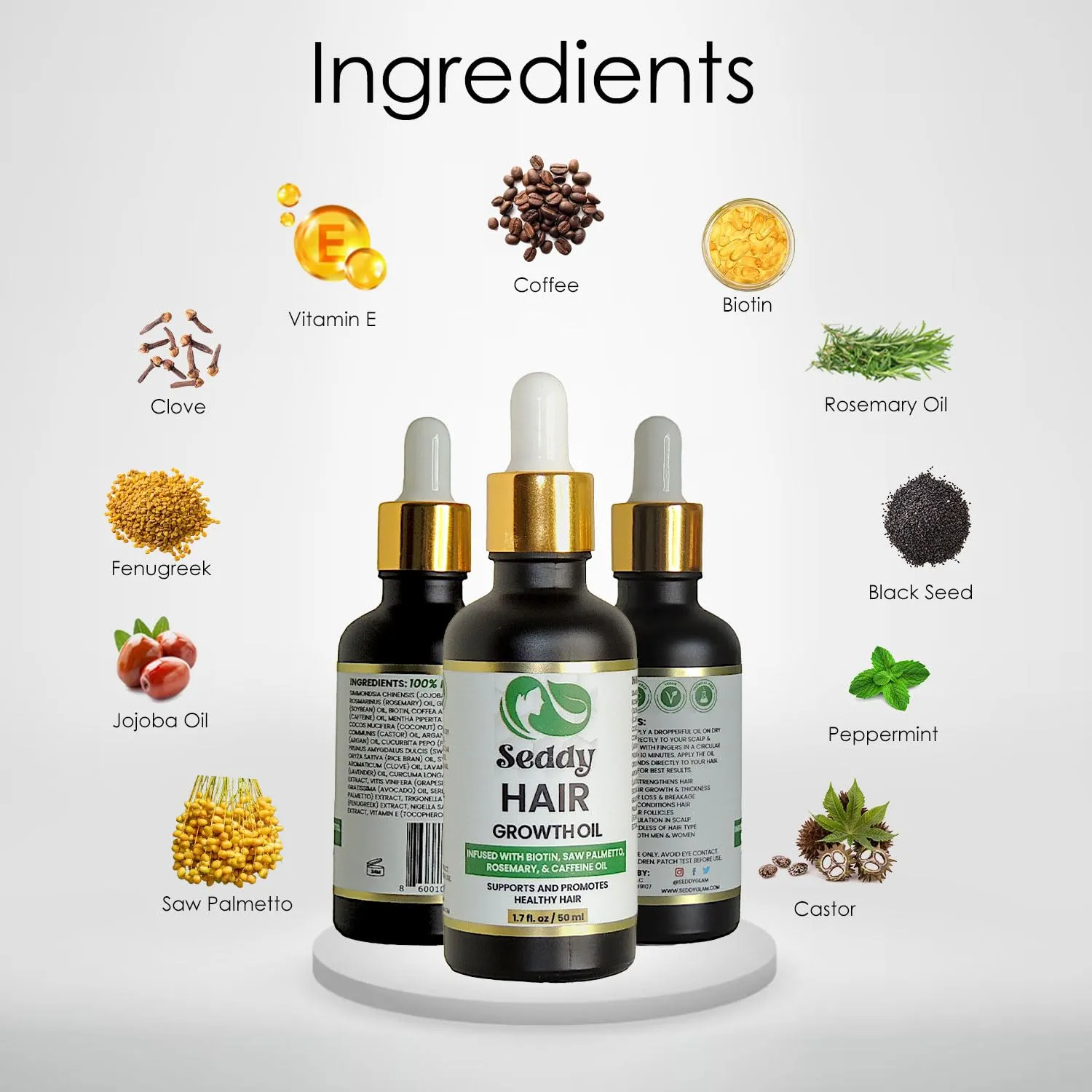 Seddy Hair Growth & Strengthening Oil with Caffeine, Rosemary, Castor, Biotin, Peppermint, Argan & Jojoba Oils - 1.7 Fl. Oz (Pack of 1)