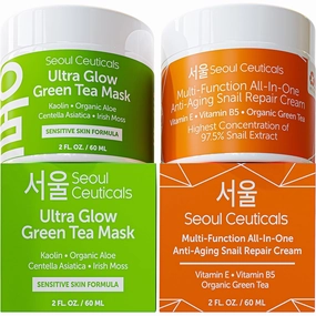 SeoulCeuticals Korean Skin Care Set - Korean Green Tea Face Mask   Korean Snail Cream Moisturizer - Potent Korean Skincare Set Eliminates Dull Dry Skin for Healthy K Beauty Glow