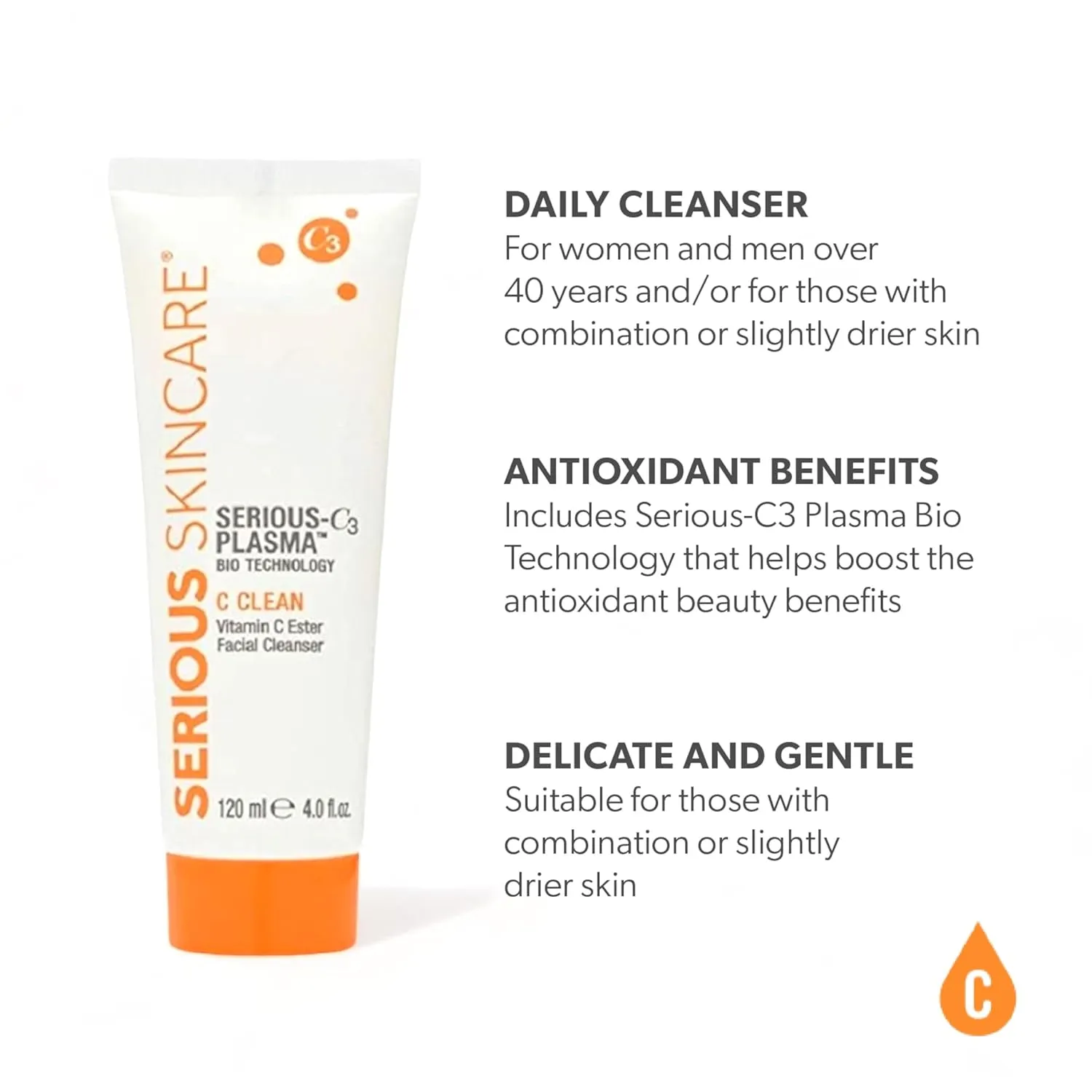 Serious Skincare - Hydrating C3 Vitamin C Facial Cleanser - Gentle Face Wash with Hydrolyzed Collagen - Botanical Extracts - For Dry and Mature Skin - 4 oz.