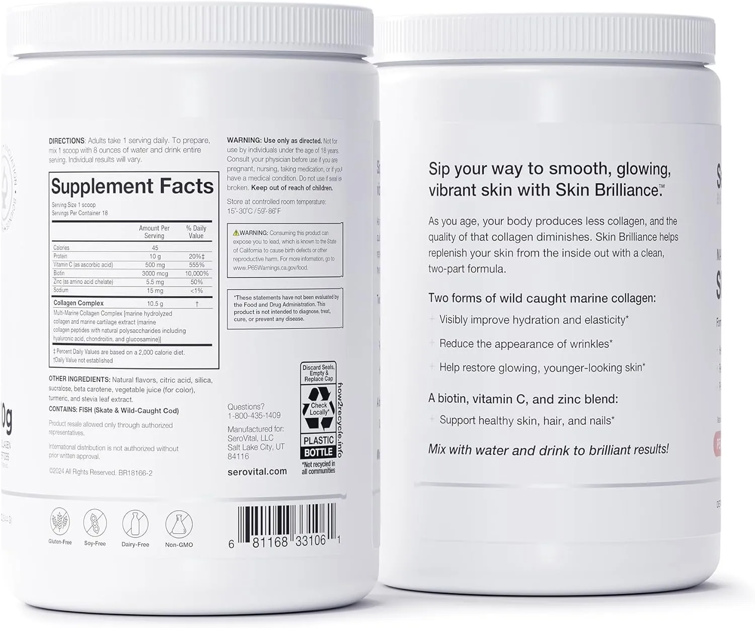 Serovital Skin Brilliance - Marine Collagen Peptides Powder - Hydrolyzed Type I & II Fish Collagen - Skin, Hair & Nails – 8.97 oz