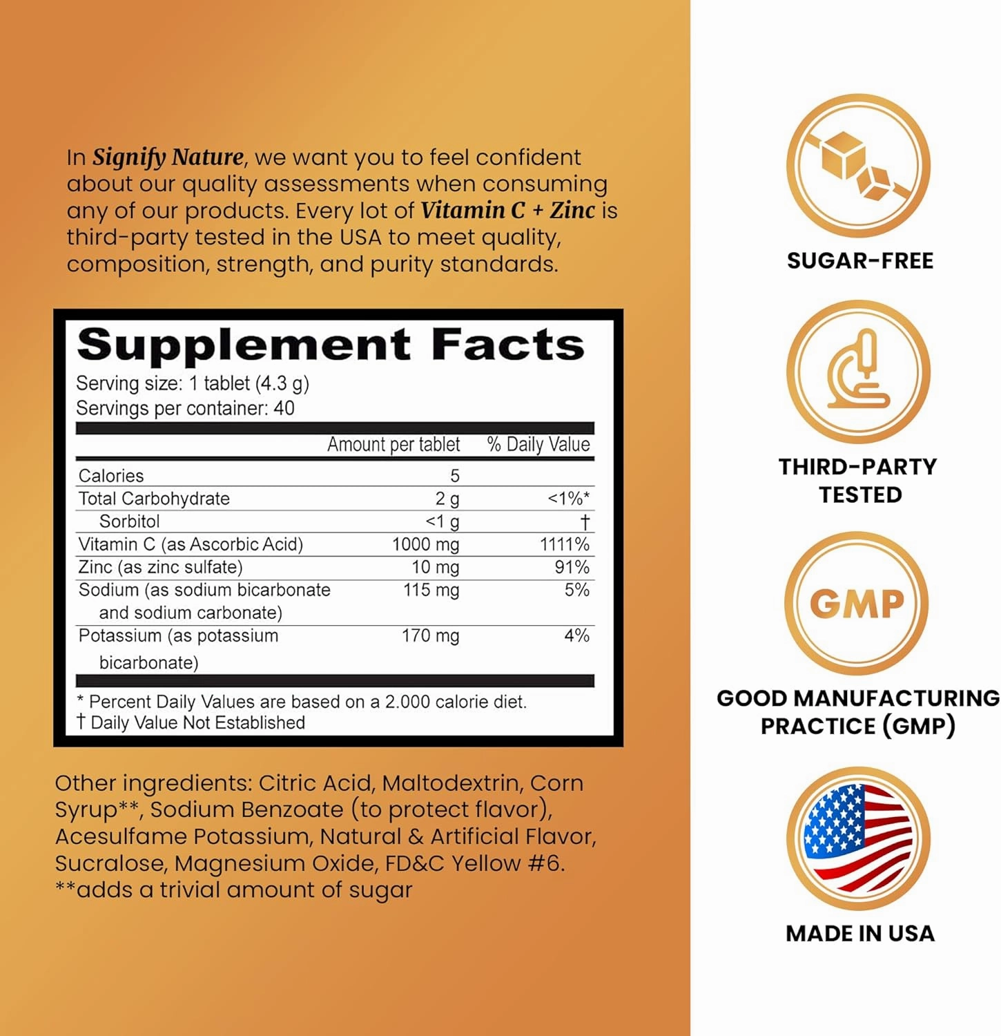 SIGNIFY NATURE Vitamin C 1000mg Effervescent Tablets - Potent Immune Support VIT C with Zinc Supplement - Sugar-Free & Vegan Formula | Dissolvable Vitamin C Tablets - Water Soluble Fizzy Elixir - 40CT