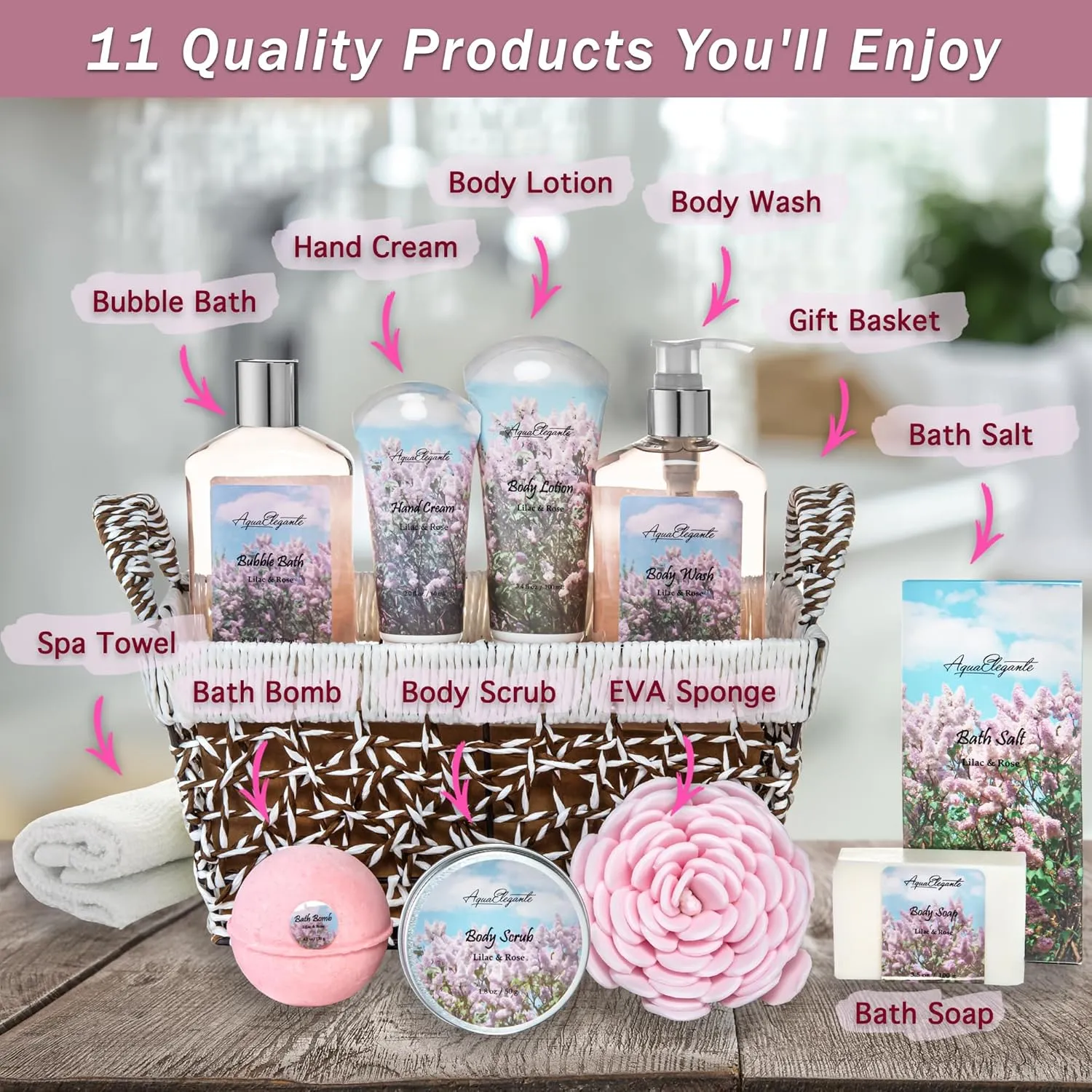 Spa Baskets For Women - Luxury Bath Set With Lilac & Rose Oil - Spa Kit Includes Wash, Bubble Bath, Lotion, Bath Salts, Body Scrub, Hand Cream, Shower Puff, Bathbombs, Soap and Towel