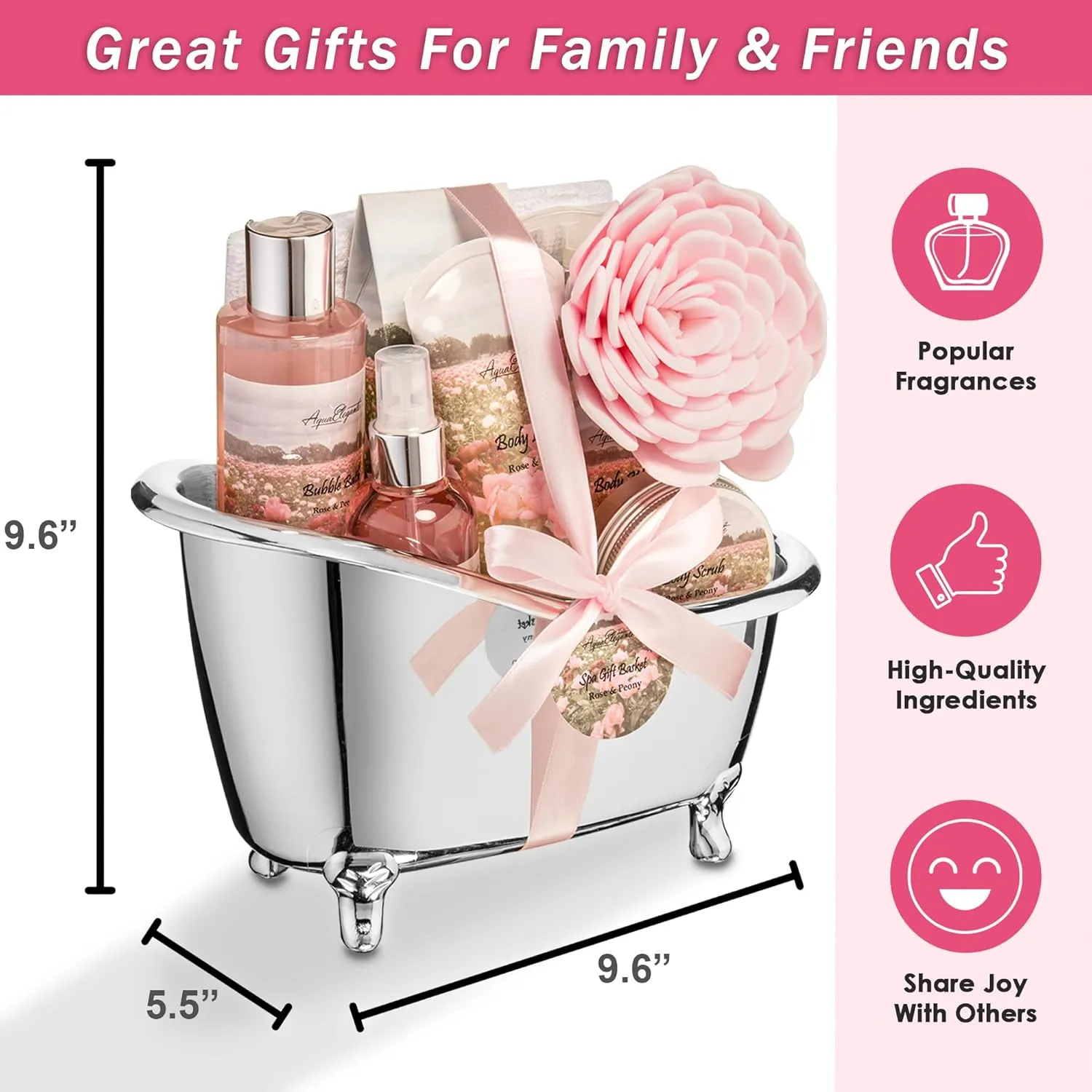 Spa Gift Baskets For Women - Luxury Bath Set With Rose Oil & Peony - Spa Kit Includes Body Wash, Bubble Bath, Lotion, Bath Salts, Body Scrub, Body Spray, Shower Puff, and Towel