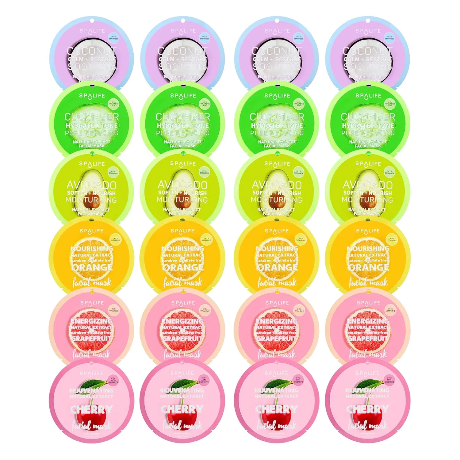 SpaLife Beauty Fruit Facial Sheet Masks 24 Pack – Face Masks Skincare Set – Hydrating Face Masks – 6 Natural Fruit Extract Formulas – Orange, Grapefruit, Coconut, Cherry, Avodcado, Cucumber