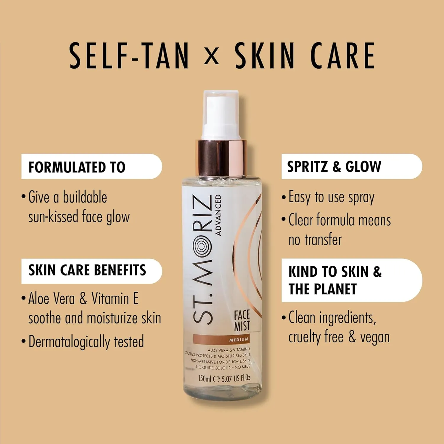 St. Moriz Advanced Self Tanner Face Mist, Sunless Tanning Spray (Medium, 5.07 Fl Oz) - Quick Tan Clear Bronzing Spray with Aloe Vera & Vitamin E – Gradual Self Tan for Face - Fake Tan Spray