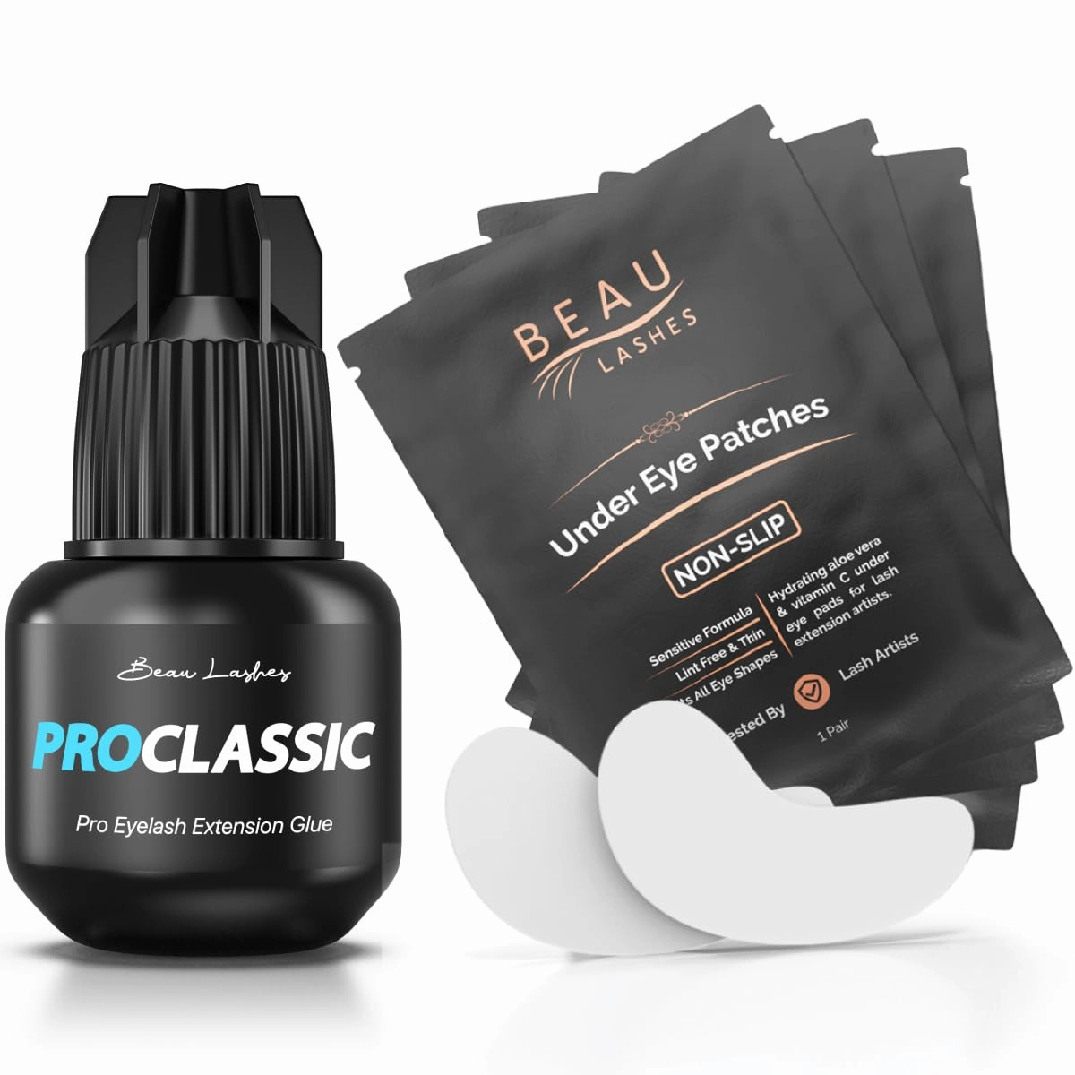 Strongest Classic Eyelash Extension Glue   100 Pairs Under Eye Pads | Black Lash Adhesive for Long Lasting Semi Permanent Individual Lash Extensions | Lint Free Hydrogel Eye Patches | Vitamin C & Aloe