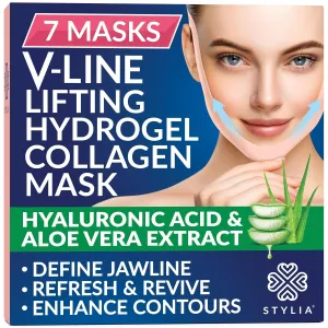 Stylia V Line Lifting Collagen Face Mask - Double Chin Strap for Women - Jawline Shaper Face Lift Tape - Neck Lift Collagen Mask - Chin Strap for Sleeping - Hyaluronic Acid, Aloe Vera, Cica 7PC