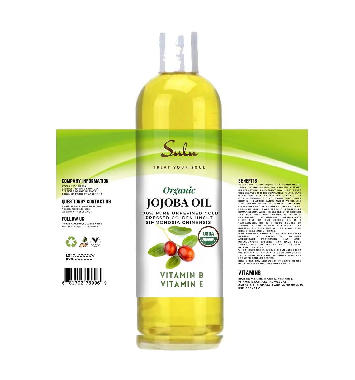 SULU ORGANICS 100% Pure Organic Unrefined Golden Jojoba Oil 24 Oz (Ounces)