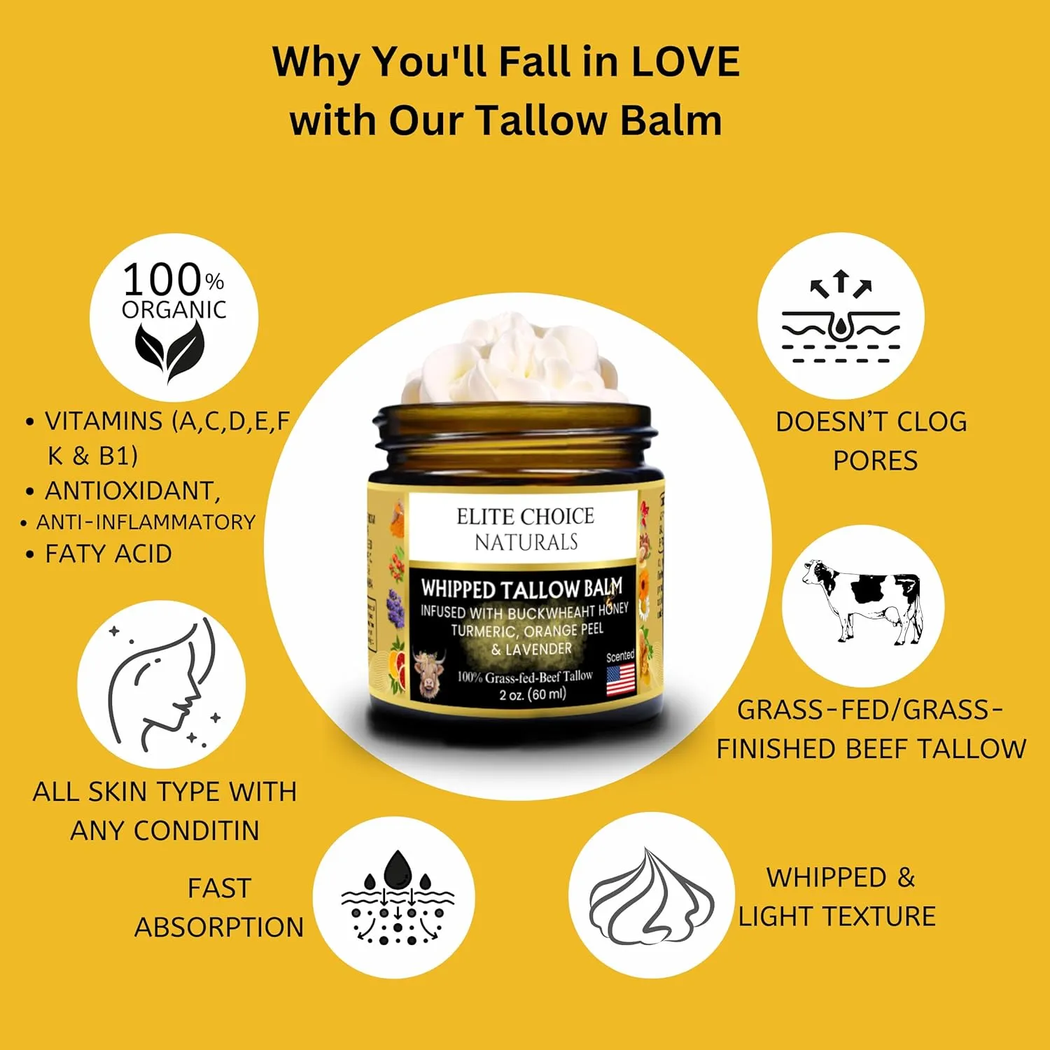 Tallow and Honey Balm – Whipped Beef Tallow for Skin & Face – Grass Fed Beef Tallow Organic Moisturiser – Nourishing Cream for Dry Sensitive Eczema Rosacea & Acne Prone Skin(2 Fl oz, Lavender Orange)