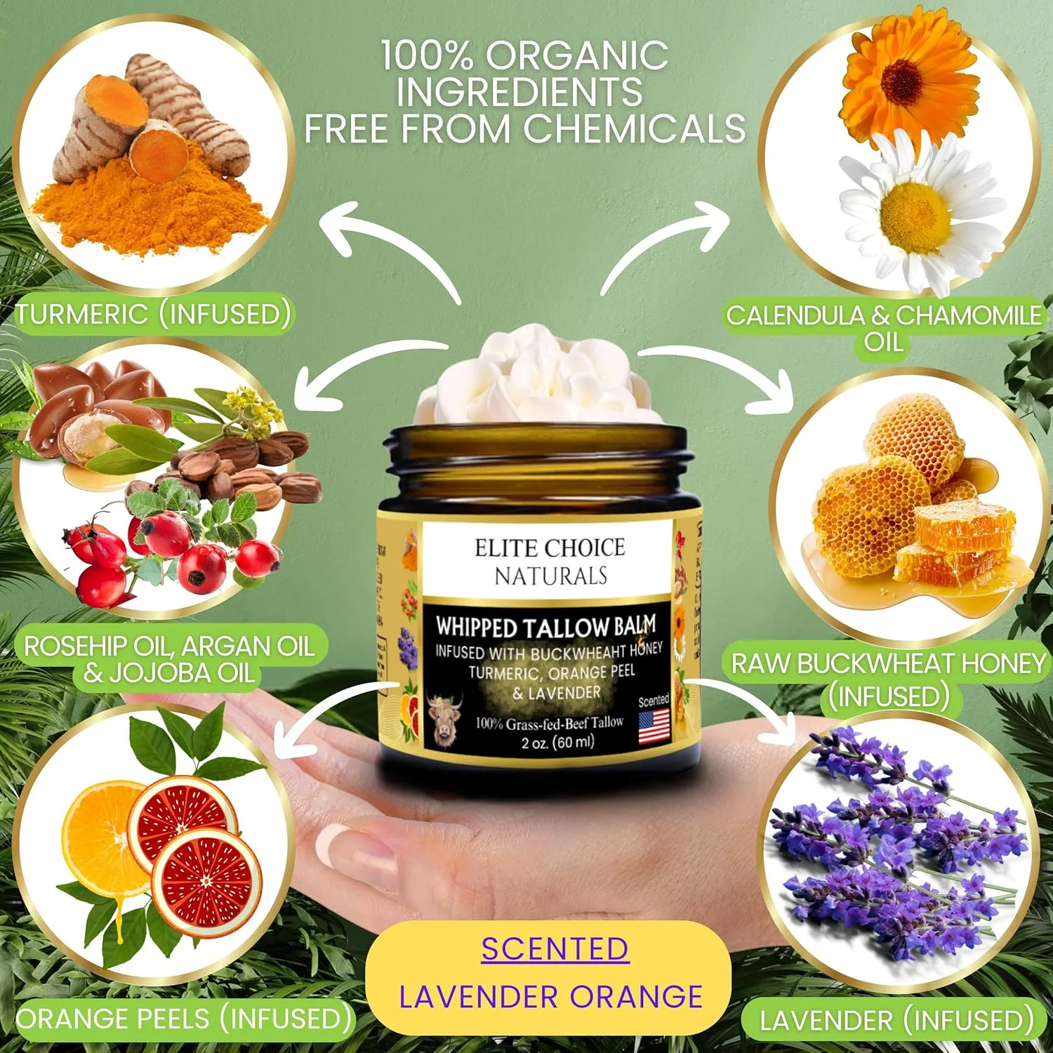 Tallow and Honey Balm – Whipped Beef Tallow for Skin & Face – Grass Fed Beef Tallow Organic Moisturiser – Nourishing Cream for Dry Sensitive Eczema Rosacea & Acne Prone Skin(2 Fl oz, Lavender Orange)