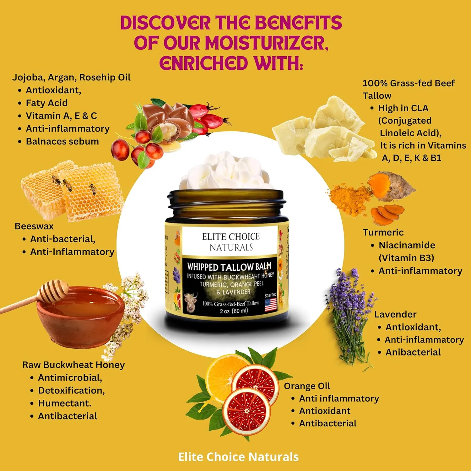 Tallow and Honey Balm – Whipped Beef Tallow for Skin & Face – Grass Fed Beef Tallow Organic Moisturiser – Nourishing Cream for Dry Sensitive Eczema Rosacea & Acne Prone Skin(2 Fl oz, Lavender Orange)