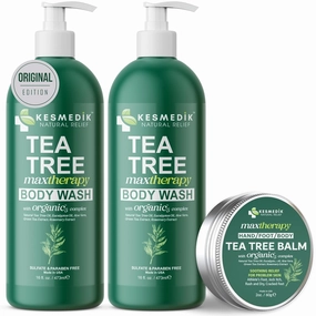 Tea Tree Oil Body Wash (2-Pack) & Balm MaxTherapy Bundle – Cleansing & Moisturizing Duo for Dry, Itchy Skin Relief, Eczema, Ringworm, Athlete’s Foot, Jock Itch & Other Skin Irritation