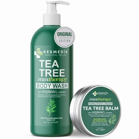 Tea Tree Oil Body Wash & Balm MaxTherapy Bundle – Cleansing & Moisturizing Duo for Dry, Itchy Skin Relief, Eczema, Ringworm, Athlete’s Foot, Jock Itch & Other Skin Irritation