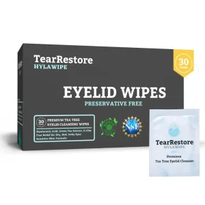 TearRestore Tea Tree HylaWipe Eyelid Wipes - 30 Count | Naturally Hydrating Cleanser | Blepharitis Treatment for Eyelids | Hypoallergenic Eye Wipes for Dry, Red, Itchy, Swollen and Irritated Eyes