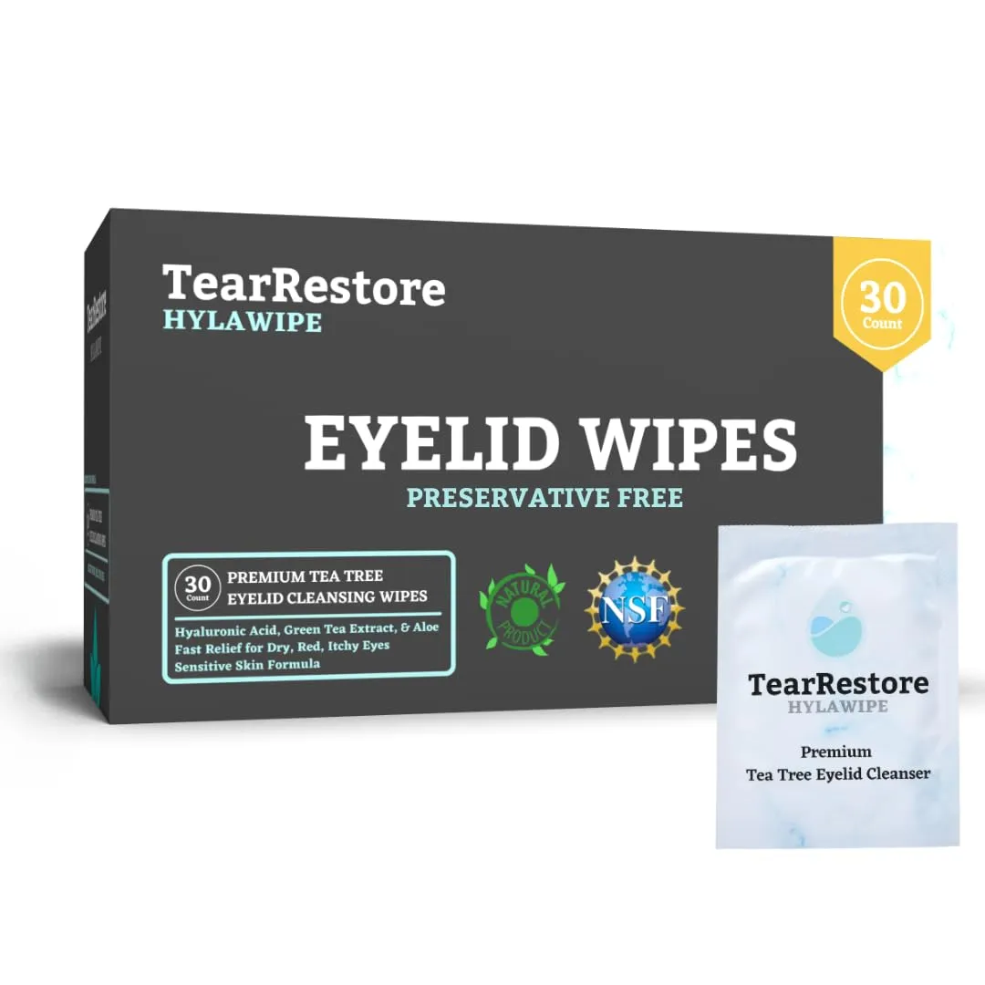 TearRestore Tea Tree HylaWipe Eyelid Wipes - 30 Count | Naturally Hydrating Cleanser | Blepharitis Treatment for Eyelids | Hypoallergenic Eye Wipes for Dry, Red, Itchy, Swollen and Irritated Eyes