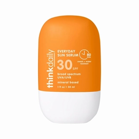 Thinkdaily SPF 30 Sunscreen, Everyday Sun Serum for Face, 1 Fl Oz, Zinc Oxide Mineral Sunblock, UVA/UVB Protection, Hydrating Jojoba Oil, Vitamin E & Aloe Vera, Non-Sticky, Travel Size